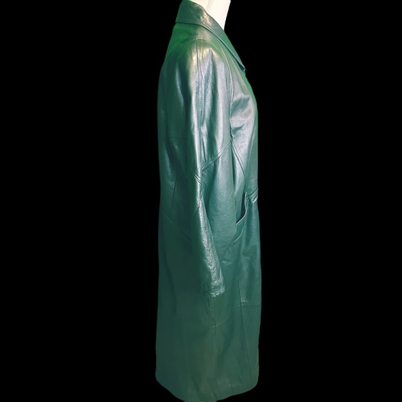 Synergy Vintage Y2K Forest Green 100% Leather Longline Button Front Coat Size L - Picture 11 of 16